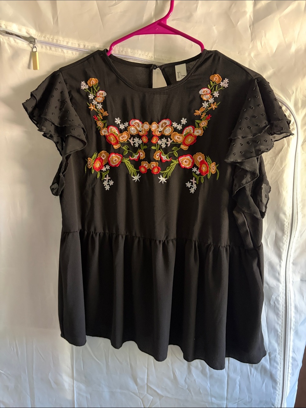 SHEIN Black Floral Embroidered Ruffle Sleeve Blouse